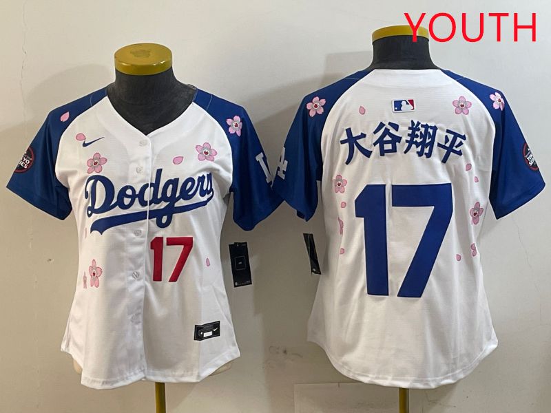 Youth Los Angeles Dodgers #17 Ohtani White Blue Sakura Edition 2025 Nike MLB Jersey style 12